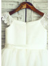 Lace Cap Sleeves Ivory Satin Tulle Wedding Flower Girl Dress 